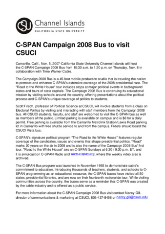 C-SPAN Campaign 2008 Bus to visit CSUCI thumbnail