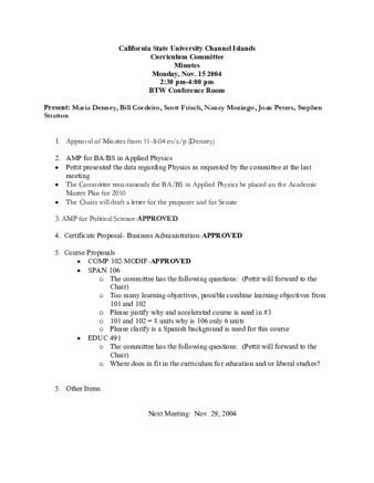 Curriculum Committee Meeting Minutes for November 15, 2004 thumbnail
