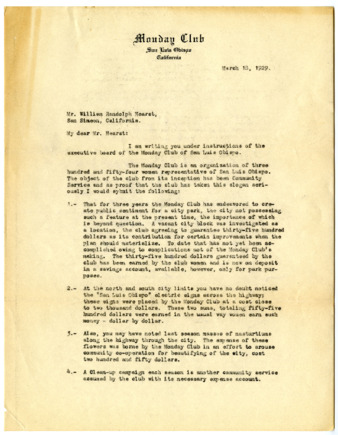 Letter from Monday Club representative to William Randolph Hearst inviting him to donate money for their club house thumbnail