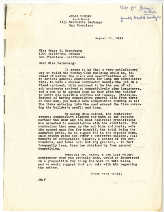 Correspondence from Julia Morgan to Grace Barneberg, August 11, 1933 thumbnail