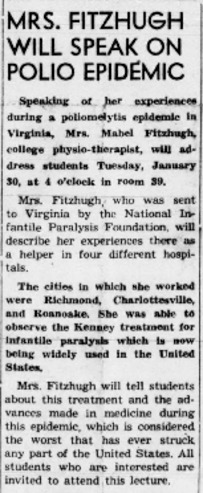 Mrs. Fitzhugh Will Speak on Polio Epidemic thumbnail