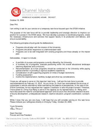 2009_10_19 Memo from Provost Dawn Neuman to Phil Hampton regarding STEM task force thumbnail