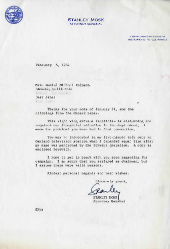Letter to Jane Tolmach from Stanley Mosk thumbnail
