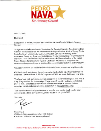 Announcement Letter from Pedro Nava Regarding his Candidacy for California Attorney General thumbnail