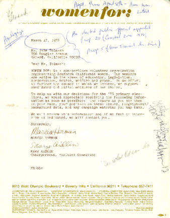 Letter to Jane Tolmach from Marcia Herman and Mary Aidlin thumbnail
