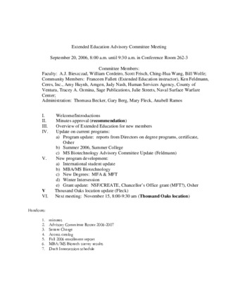 Extended Education Advisory Committee Meeting Agenda 2006_09_20 thumbnail