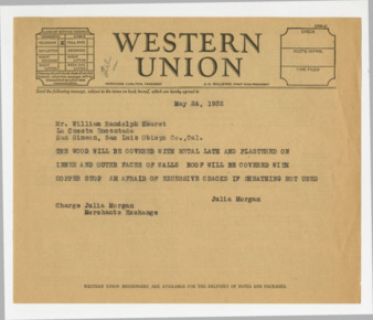 Telegram from Julia Morgan to William Randolph Hearst, May 24, 1932 thumbnail