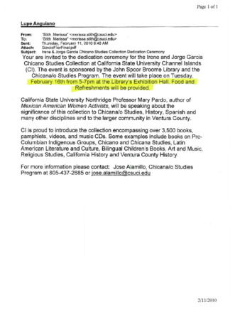 Email to Lupe Anguiano from Merissa Stith Regarding the Dedication Ceremony of the Irene and Jorge Garcia Chicano Studies Collection at CSUCI thumbnail
