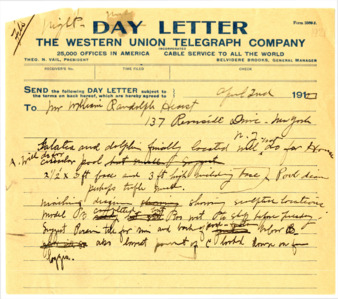 Telegram from Julia Morgan to William Randolph Hearst, April 2, 1921 thumbnail