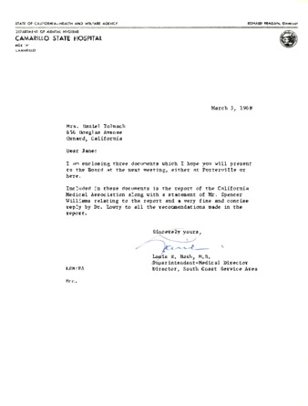 Letter to Jane Tolmach; from Louis R. Nash thumbnail