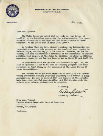 Letter to Jane Tolmach from Arthur Sylvester, Assistant Secretray of Defense thumbnail