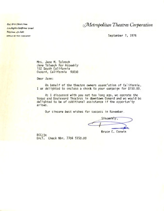 Letter to Jane Tolmach from Bruce C. Corwin thumbnail