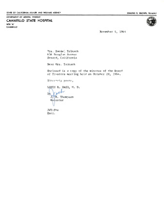 Letter to Jane Tolmach; from Louis R. Nash thumbnail