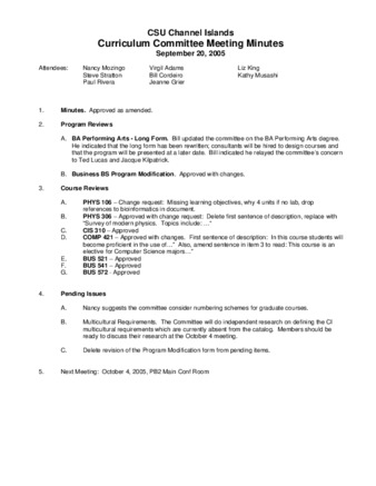 Curriculum Committee Meeting Minutes for September 20, 2005 thumbnail