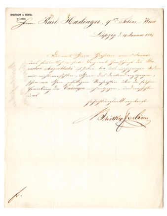 Autograph letter signed from Breitkopf & Härtel to Carl Haslinger, Jan. 14, 1864 thumbnail