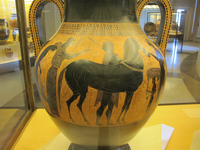 Attic black-figure amphora | Amphora with Achilles and Ajax Gaming and the Dioskouroi at Home After the Hunt thumbnail