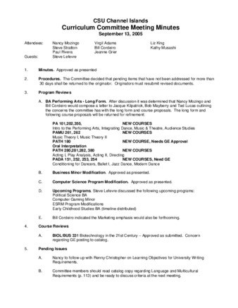 Curriculum Committee Meeting Minutes for September 13, 2005 thumbnail