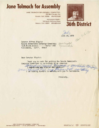 Letter to Senator Alfred Alquist from Jane Tolmach thumbnail