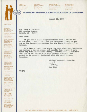 Letter to Jane Tolmach from Ray King, Independent Insurance Agents Association of California thumbnail