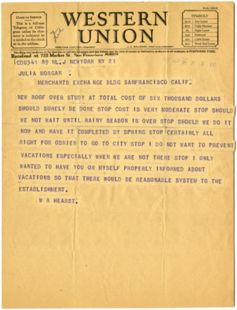 Telegram from William Randolph Hearst to Julia Morgan, November 21, 1927 thumbnail