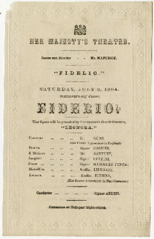 Handbill advertisement for a production of Fidelio at Her Majesty's Theater, London, on July 2, 1864, conducted by Signor Arditi thumbnail