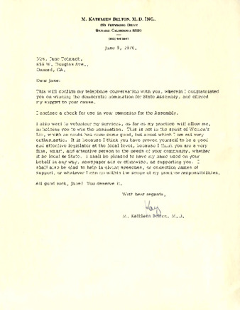 Letter to Jane Tolmach from M. Kathleen Belton, M.D. thumbnail