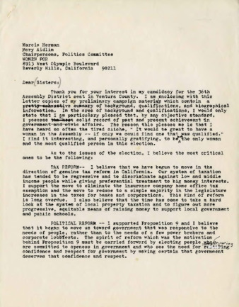 Letter from Jane Tolmach to Marcia Herman and Mary Aidlin thumbnail