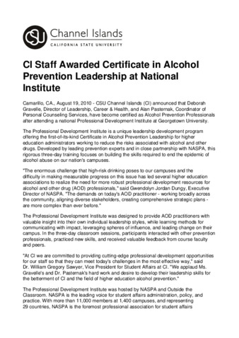 CI Staff Awarded Certificate in Alcohol Prevention Leadership at National Institute thumbnail