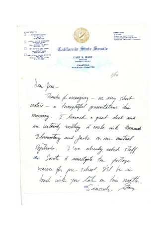 Correspondence to Harris from Senator Gary Hart thumbnail