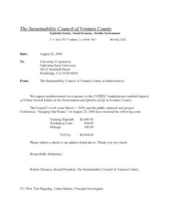 Sustainability Council Board Invoice for Expenses relating to "Impacts of Urban Growth Limits on the Environment and Quality of Life in Ventura County" thumbnail