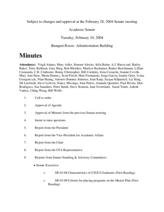 Academic Senate Meeting Minutes for February 10, 2004 thumbnail