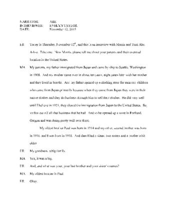 Transcript of Oral HIstory Interview of Morris and Cherry Abe thumbnail