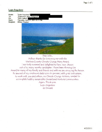 Thank You Email from Lupe Anguiano Regarding Ventura County Climate Change Hero Award thumbnail
