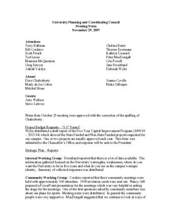 University Planning and Coordinating Council Meeting Notes November 29, 2007 thumbnail