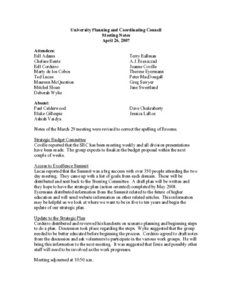 University Planning and Coordinating Council Meeting Notes April 26, 2007 thumbnail