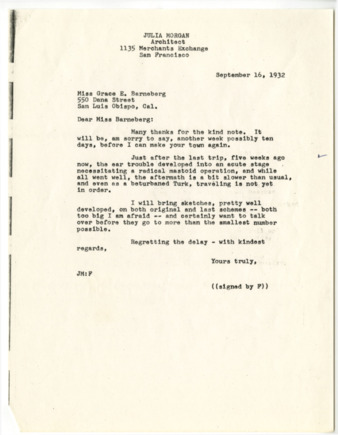 Correspondence from the office of Julia Morgan to Grace Barneberg, September 16, 1932 thumbnail