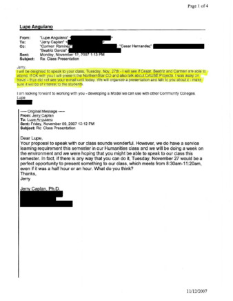 Email from Lupe Anguiano to Jerry Caplan regarding Speaking to Classes at Moorpark College thumbnail
