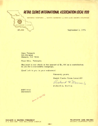 Letter to Jane Tolmach from Richard H. Warren thumbnail