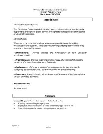 Finance and Administration 2007-2008 Budget Request thumbnail