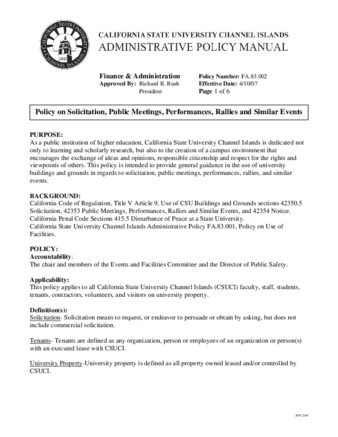 FA.83.002 - Policy on Solicitation, Public Meetings, Performances, Rallies and Similar Events (WITHDRAWN) thumbnail