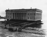 Ohio State Building on raft ready to be moved by Peninsular Country Club thumbnail