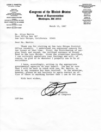 Letter from Congressman Leon Panetta, 1987 thumbnail