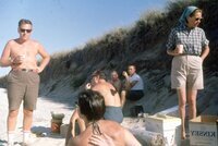 John Steinbeck with friends at a picnic on the Beach in Sag Harbor. thumbnail