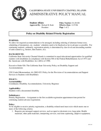 SA.08.001 - Policy on Disability Related Priority Registration thumbnail