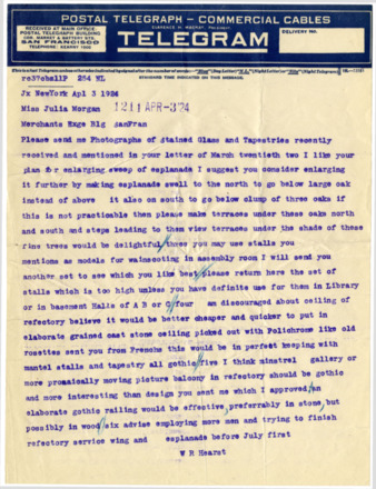 Telegram from William Randolph Hearst to Julia Morgan, April 3, 1924 thumbnail