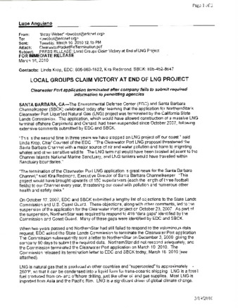 Email from Betsy Weber regarding LNG Project thumbnail