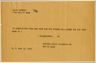Telegram from Western Union Telegraph Co. to Julia Morgan, March 14, 1924 thumbnail