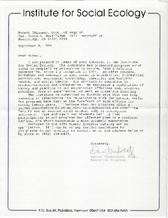 Letter to Robert Chianese from Institute for Social Ecology Executive Director thumbnail