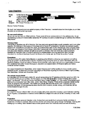 Email Between Linda Garcia Merchant and Lupe Anguiano Regarding Voces Primeras, (LLC) thumbnail