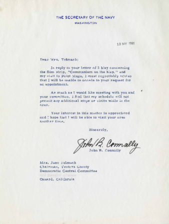 Letter to Jane Tolmach from John B. Connally, Secretary of the Navy thumbnail